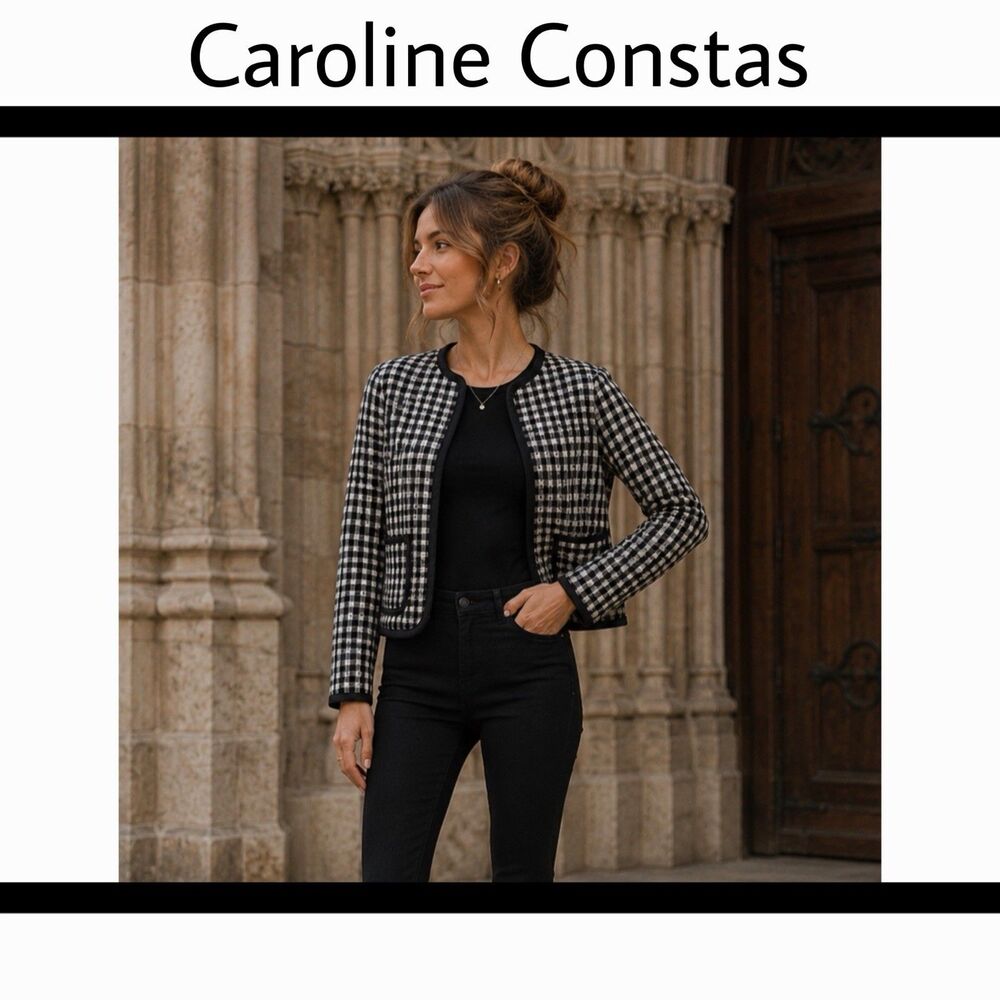 CAROLINE CONSTAS  Quilted Bow Print Gingham Plaid BlazerJacket XS Cotton